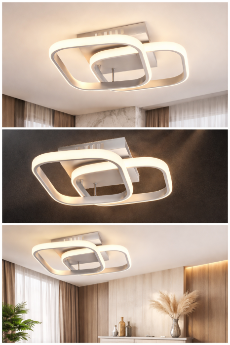 Lustra LED Moderna 24W Alb, 2 Romburi Suprapuse, Lumina Rece/Calda/Neutra, Design Minimalist pentru Hol, Bucatarie [17]