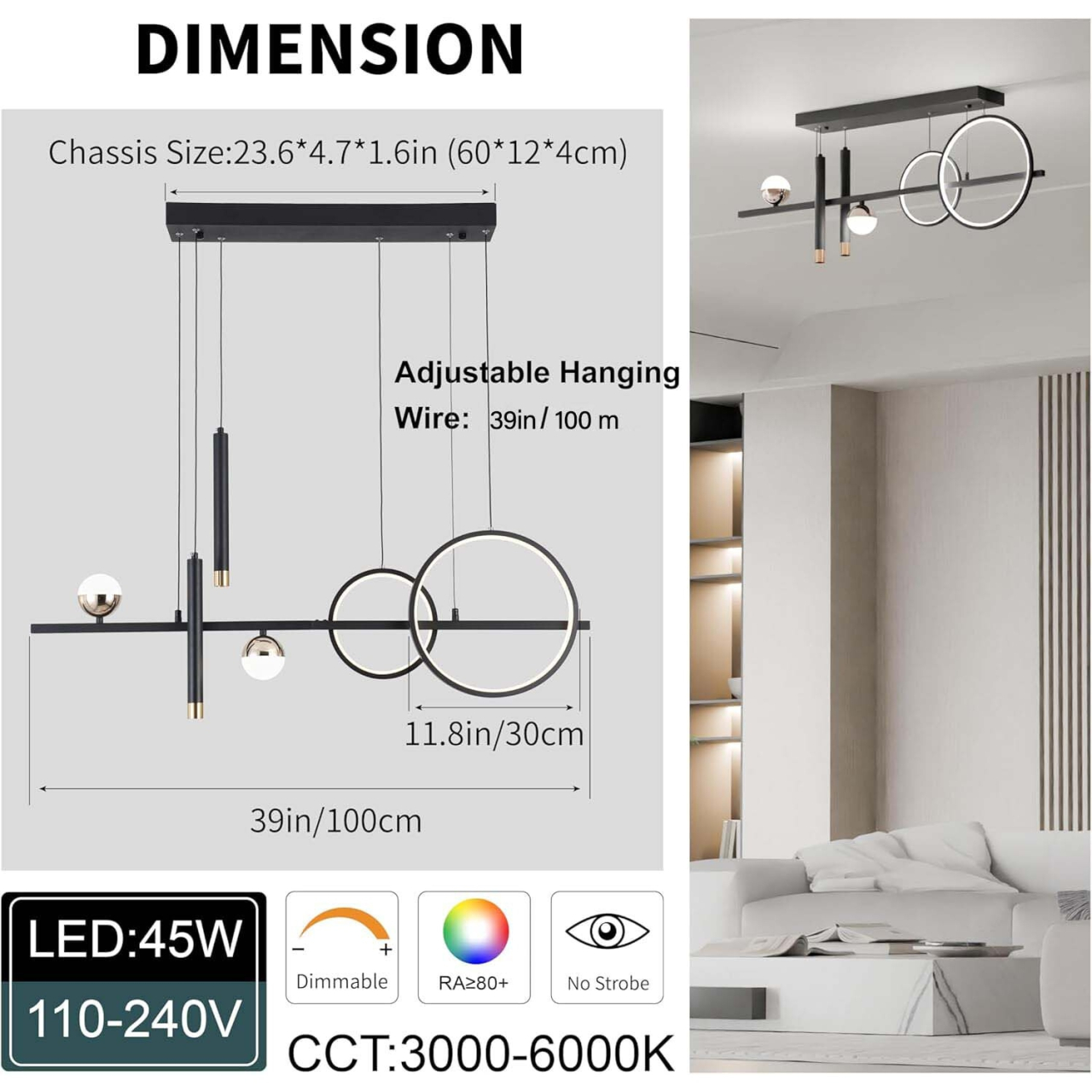 Lustra LED suspendata 80W cu telecomanda, dimabila, lumina calda neutra rece, negru [11]