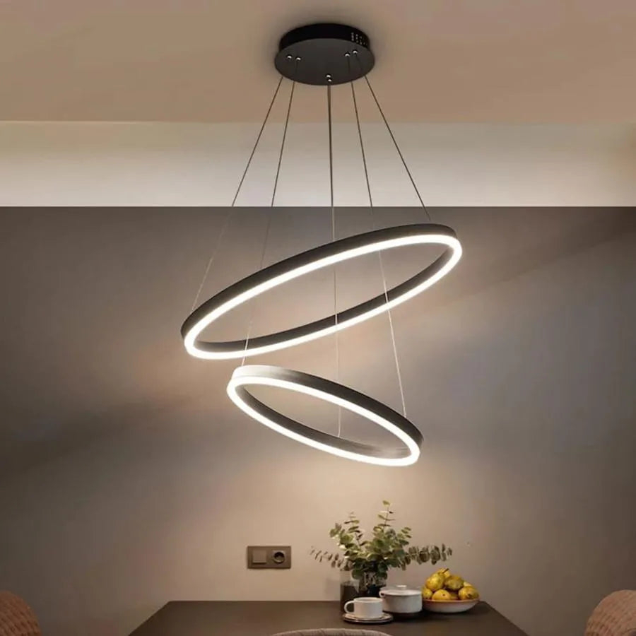 Lustra LED suspendata cu telecomanda CASIANA 100W, 2 Cercuri, lumina Rece/Calda/Neutra, Dimabila, Negru, Inaltime Reglabila [1]