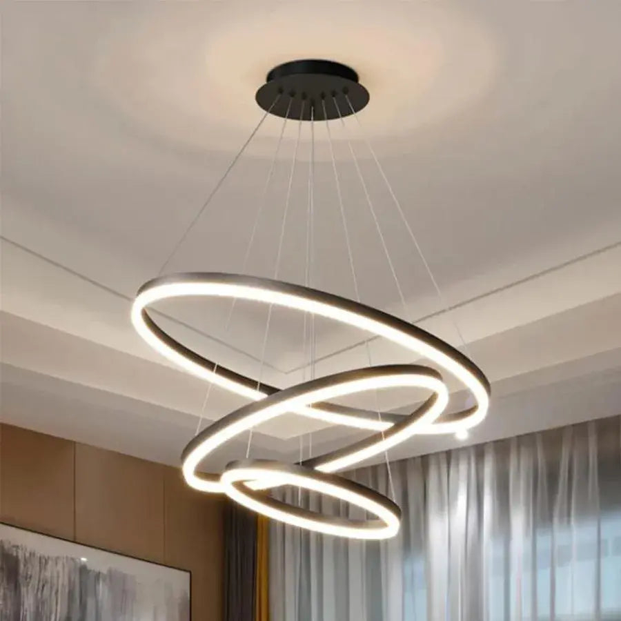 Lustra LED suspendata cu telecomanda CASIANA 130W, 3 Cercuri, lumina Rece/Calda/Neutra, Dimabila, Negru, Inaltime Reglabila [1]