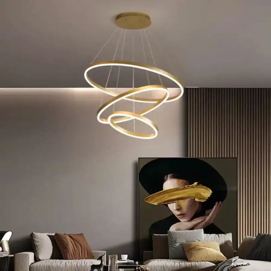 Lustra LED suspendata cu telecomanda ELIZABETH, 152W, 3 Cercuri, lumina Rece/Calda/Neutra, Dimabila, Auriu Lucios, Inaltime Reglabila [2]