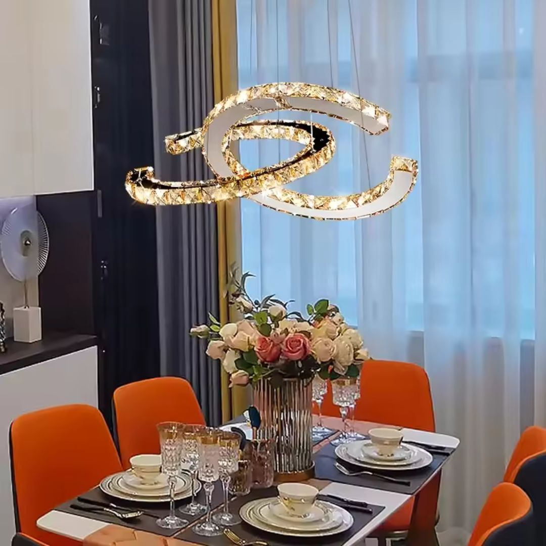 Lustra LED suspendata cu telecomanda si cristal PRISM ANTEA 40W, 2 Cercuri, lumina Rece/Calda/Neutra, Dimabila, Crom Lucios, Inaltime Reglabila [1]