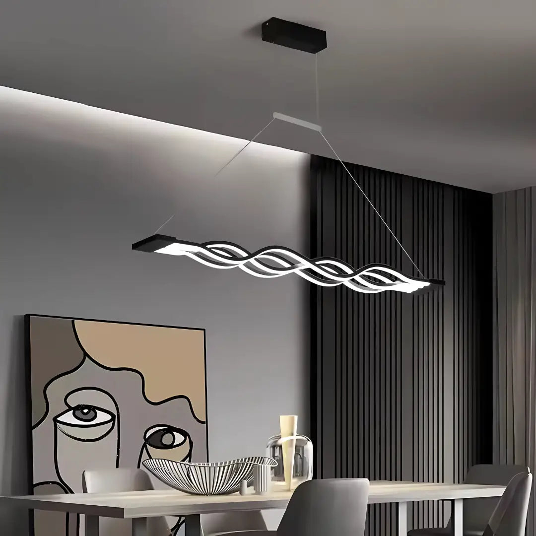 Lustră suspendată LED 76W, Liniară, Negru – Dimabilă, Telecomandă - Design ondulat [1]