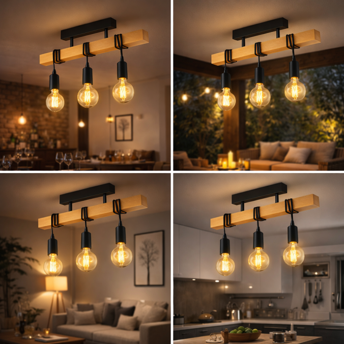 Lustra rustica Moderna 3xE27, lustră liniară din lemn și metal negru pentru living, bucătărie sau dining [8]