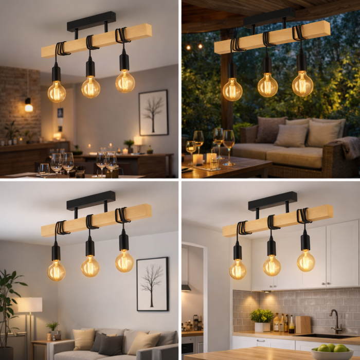 Lustra rustica Moderna 3xE27, lustră liniară din lemn și metal negru pentru living, bucătărie sau dining [5]