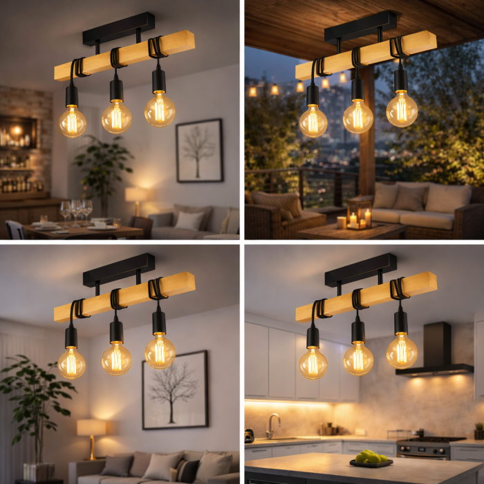 Lustra rustica Moderna 3xE27, lustră liniară din lemn și metal negru pentru living, bucătărie sau dining [6]