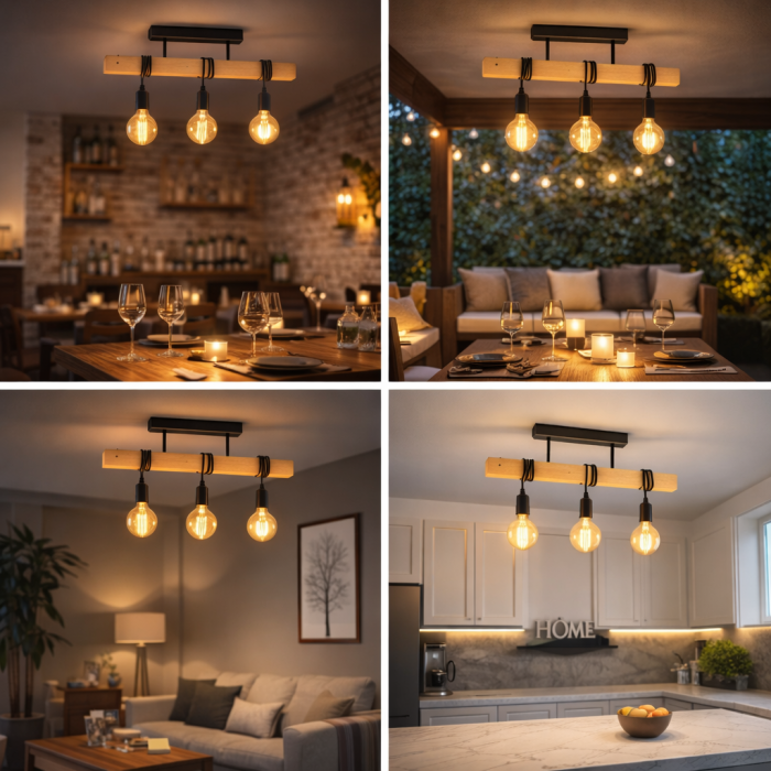 Lustra rustica Moderna 3xE27, lustră liniară din lemn și metal negru pentru living, bucătărie sau dining [7]