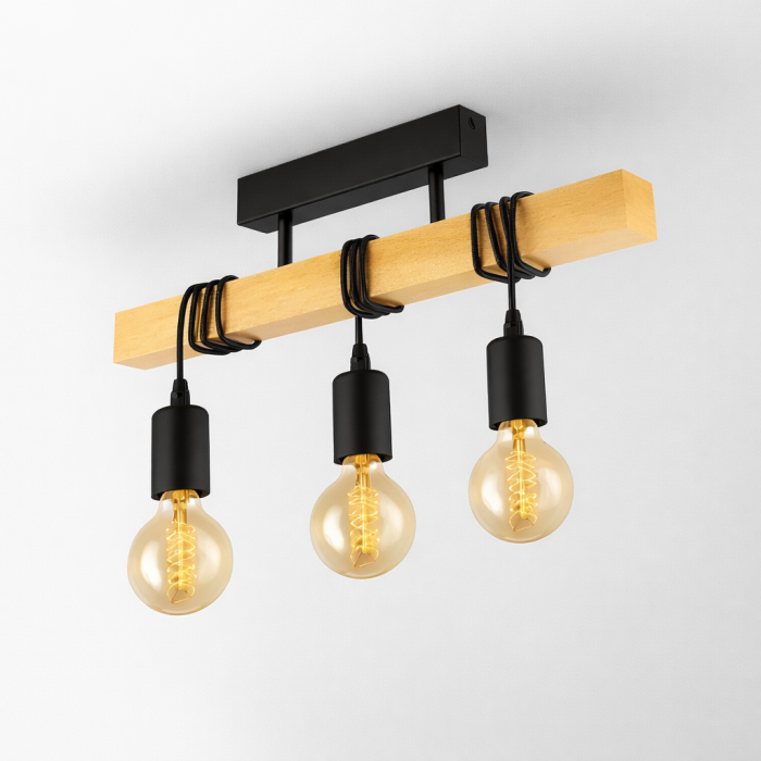 Lustra rustica Moderna 3xE27, lustră liniară din lemn și metal negru pentru living, bucătărie sau dining [3]