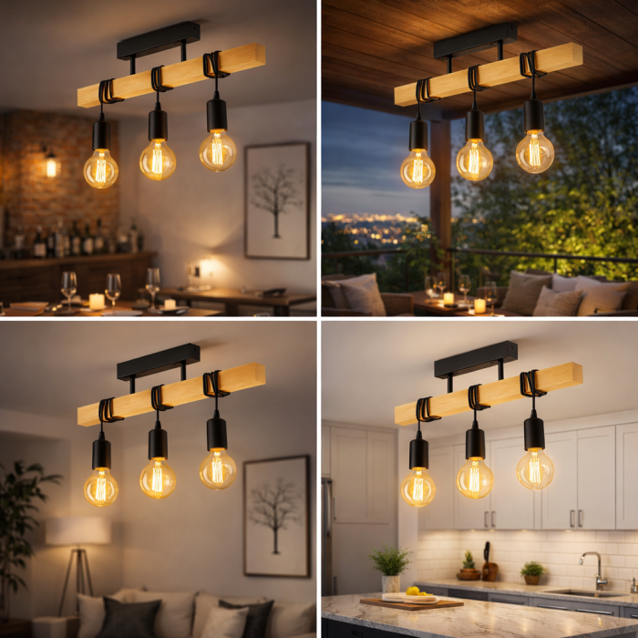 Lustra rustica Moderna 3xE27, lustră liniară din lemn și metal negru pentru living, bucătărie sau dining [4]