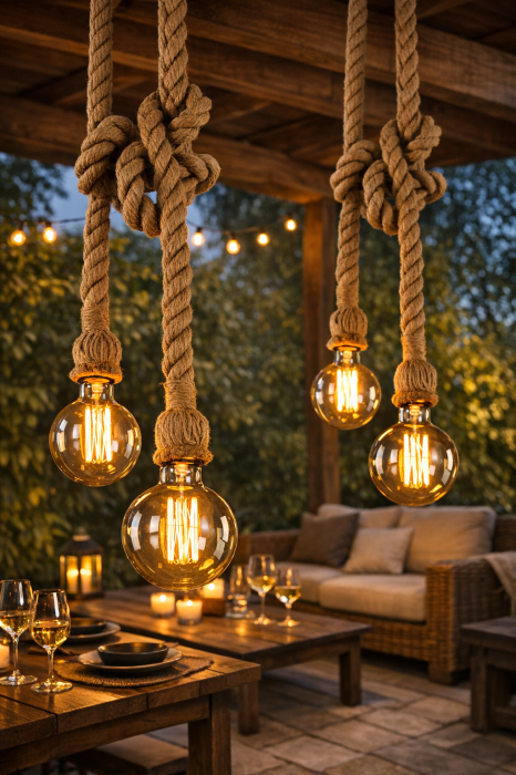 Lustră vintage rustică din sfoară și metal MEC , 2xE27, pendul industrial liniar pentru living, bucătărie, terasă sau foișor | MEC Design [2]