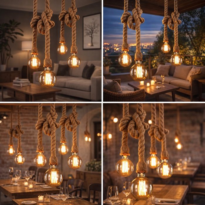 Lustră vintage rustică din sfoară și metal MEC , 2xE27, pendul industrial liniar pentru living, bucătărie, terasă sau foișor | MEC Design [8]