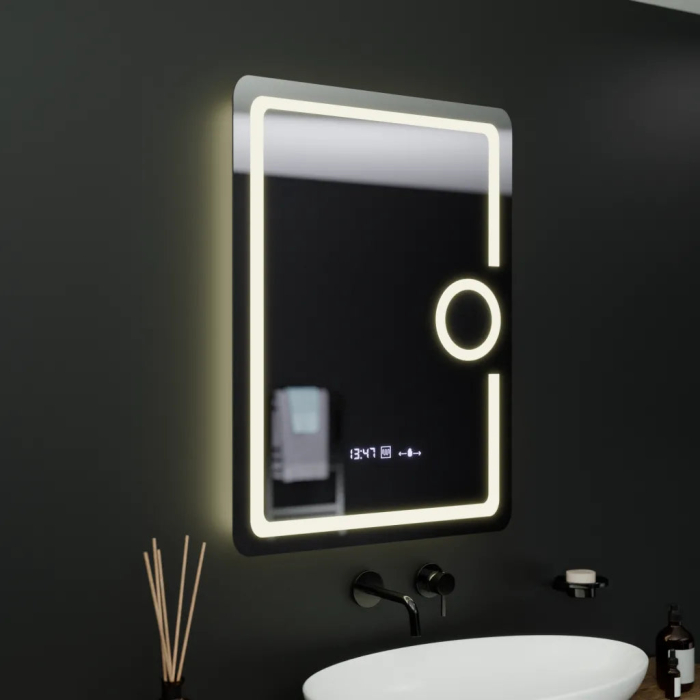 Oglinda LED dreptunghiulara 60x80cm cu ceas, termometru, lupa cosmetica, sistem dezaburire si lumina dimabila, design modern fara rama [7]