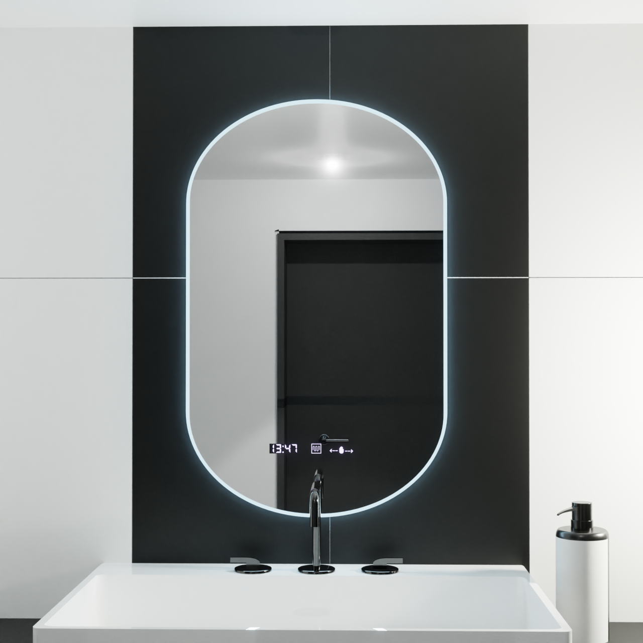Oglinda LED Ovala, 50x80cm, Lucia Senzor Marcello, Sistem Dezaburire, Ceas & Termometru, Dimabila [1]