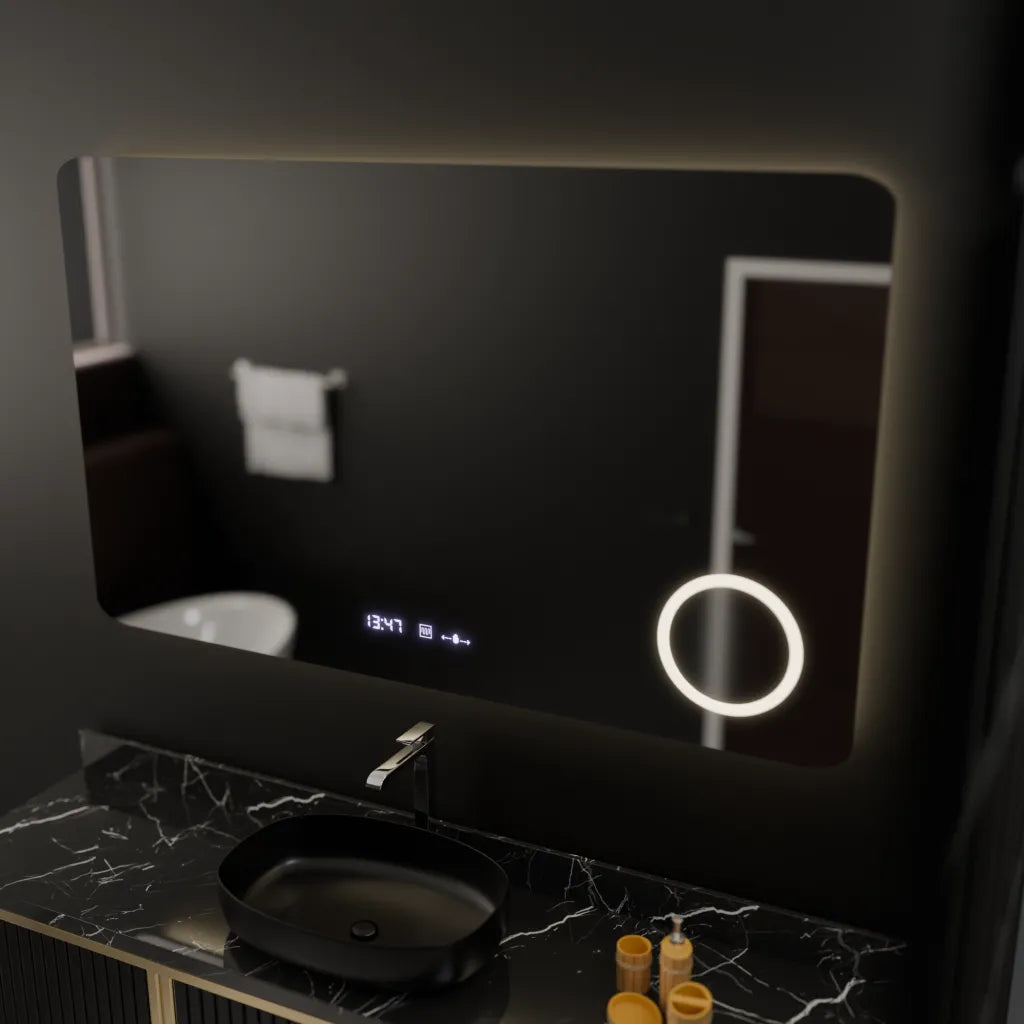 Oglinda LED Rectangulara, 100x60cm, Celeste MotionGlow Marcello, Sistem Dezaburire, Ceas & Termometru, Lupa Cosmetica, Dimabila [3]