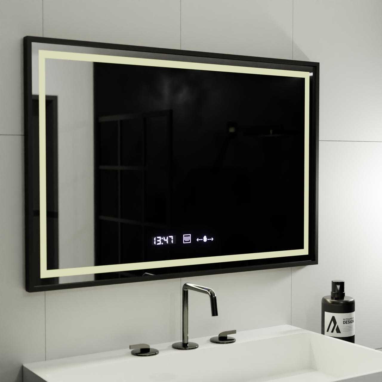 Oglinda LED Rectangulara, 100x80cm, Verite Majeste Noir MotionGlow Marcello, Sistem Dezaburire, Ceas & Termometru, Dimabila [4]