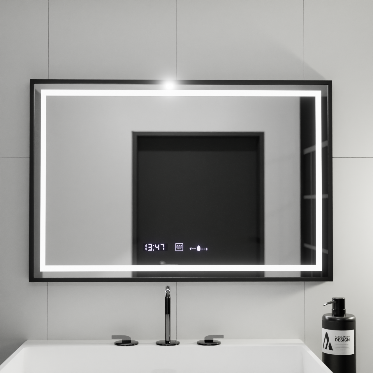 Oglinda LED Rectangulara, 100x80cm, Verite Majeste Noir MotionGlow Marcello, Sistem Dezaburire, Ceas & Termometru, Dimabila [1]