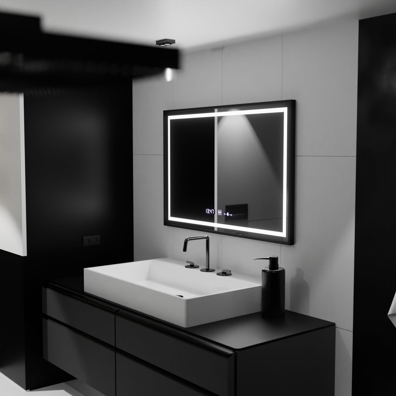 Oglinda LED Rectangulara, 100x80cm, Verite Majeste Noir MotionGlow Marcello, Sistem Dezaburire, Ceas & Termometru, Dimabila [3]