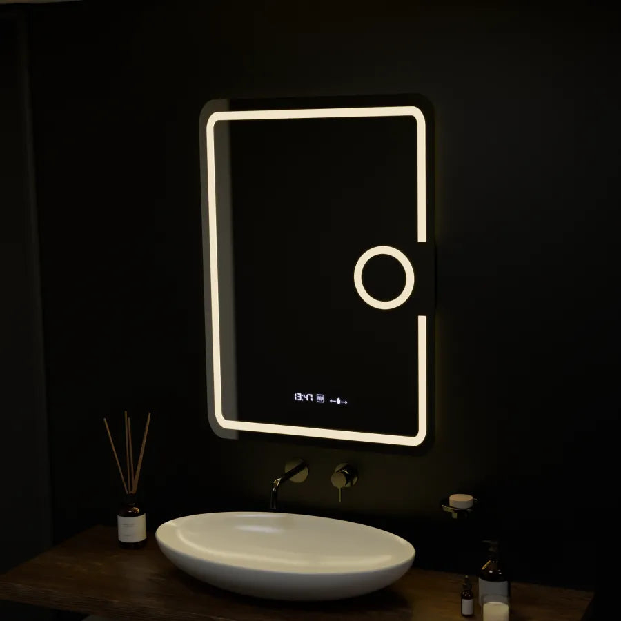 Oglinda LED Rectangulara, 50x70cm, Eclat MotionGlow Marcello, Sistem Dezaburire, Ceas & Termometru, Lupa Cosmetica, Dimabila [4]