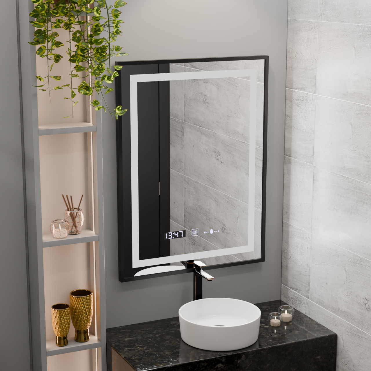 Oglinda LED Rectangulara, 60x80cm, Verite Majeste Noir Motion Glow Marcello, Sistem Dezaburire, Ceas & Termometru, Dimabila [1]