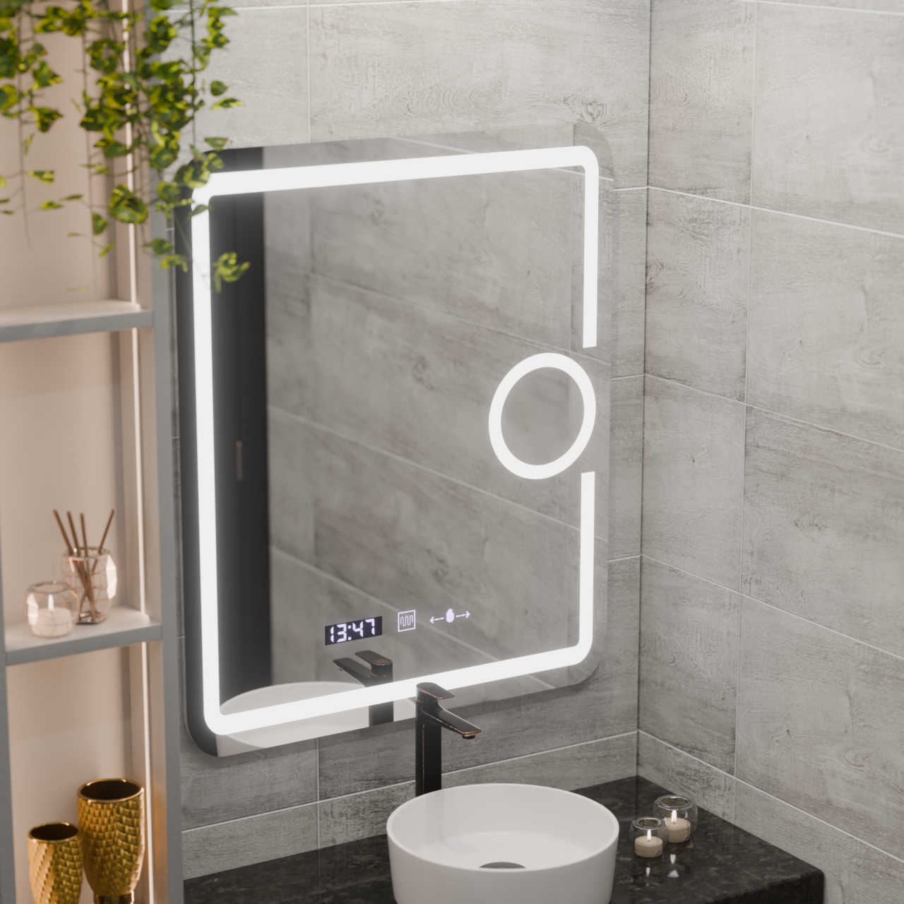 Oglinda LED Rectangulara, 75x90cm, Eclat MotionGlow Marcello, Sistem Dezaburire, Ceas & Termometru, Lupa Cosmetica, Dimabila [1]