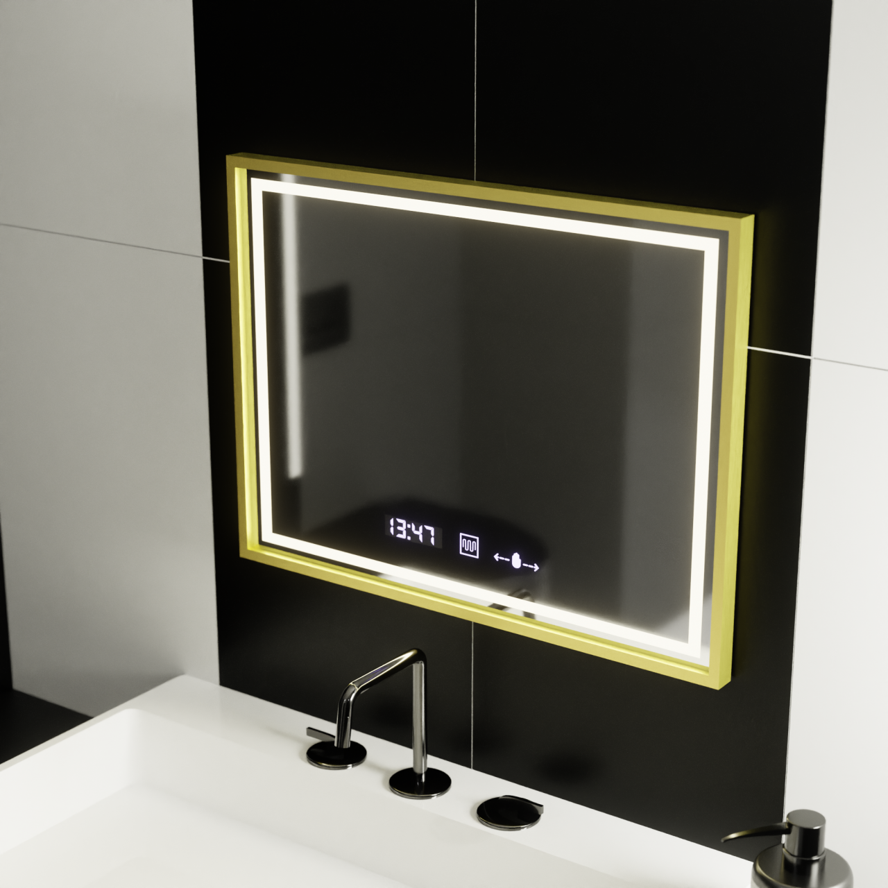 Oglinda LED Rectangulara, 80x60cm, Verite Royale Gold MotionGlow Marcello, Sistem Dezaburire, Ceas & Termometru, Dimabila [1]