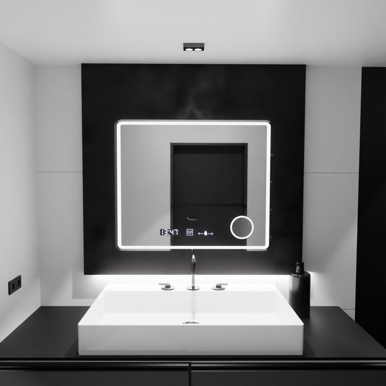 Oglinda LED Rectangulara, 90x75cm, Riflesso MotionGlow Marcello, Sistem Dezaburire, Ceas & Termometru, Lupa Cosmetica, Dimabila [1]