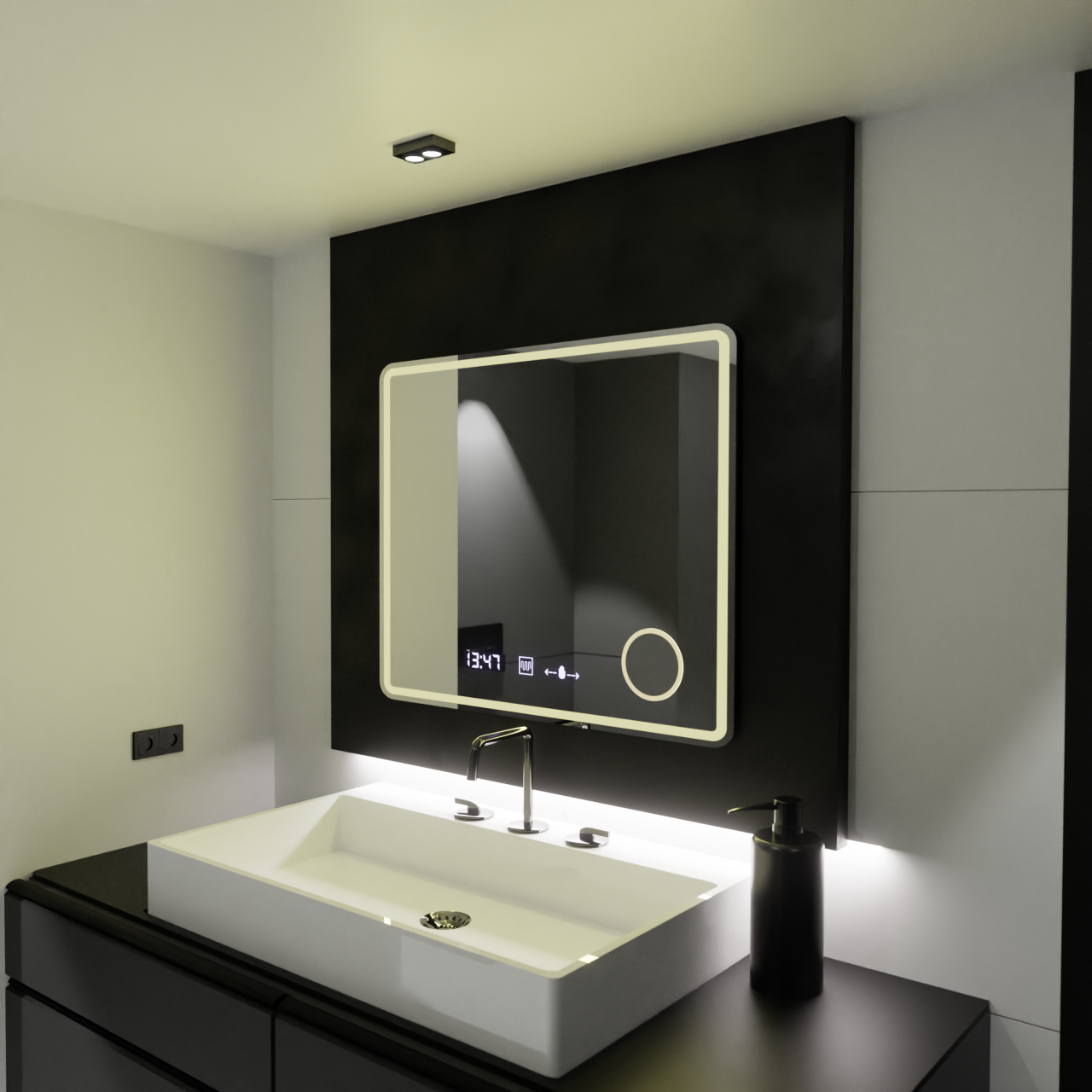 Oglinda LED Rectangulara, 90x75cm, Riflesso MotionGlow Marcello, Sistem Dezaburire, Ceas & Termometru, Lupa Cosmetica, Dimabila [3]