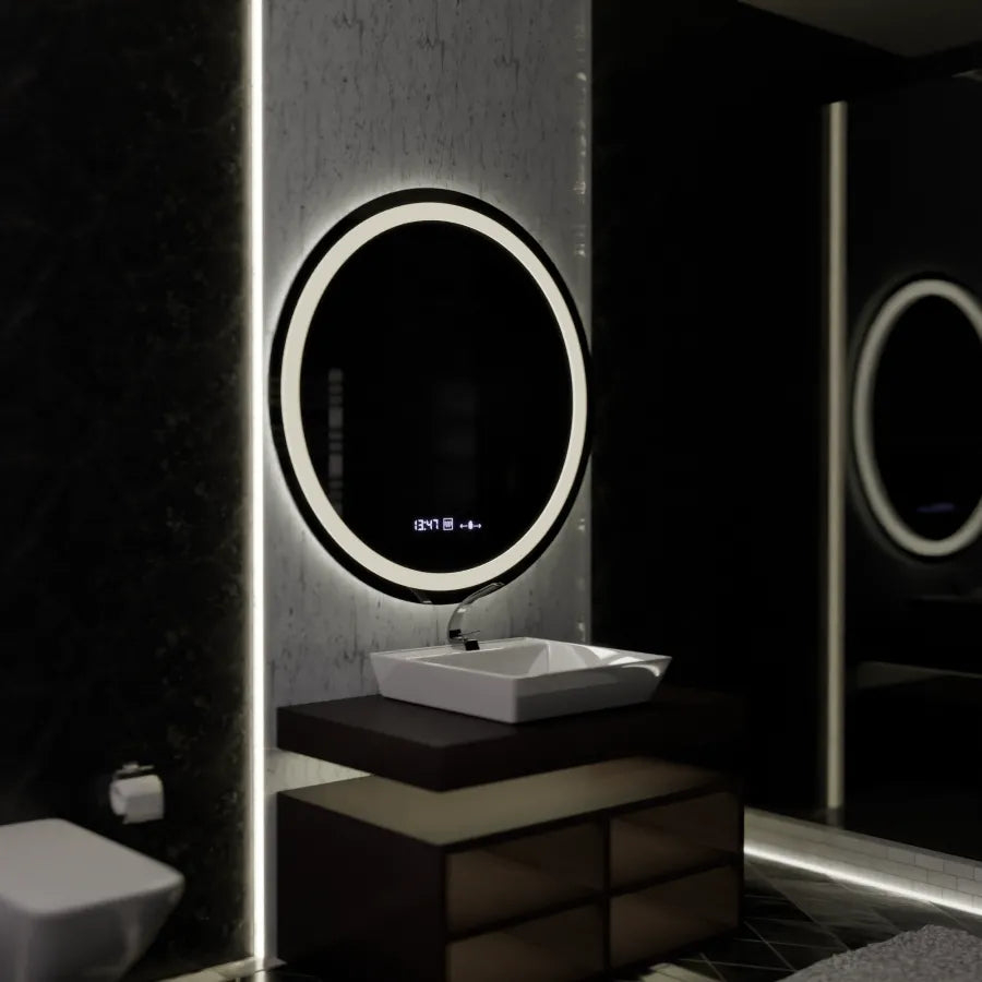 Oglinda LED Rotunda, 100cm, Celeste MotionGlow Marcello, Sistem Dezaburire, Ceas & Termometru, Dimabila [1]