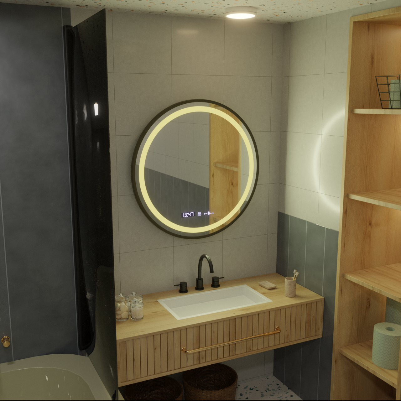 Oglinda LED Rotunda 60cm MotionGlow – Dimabila, Cu Dezaburire, Ceas & Termometru, Design Modern Elegant pentru Baie [4]