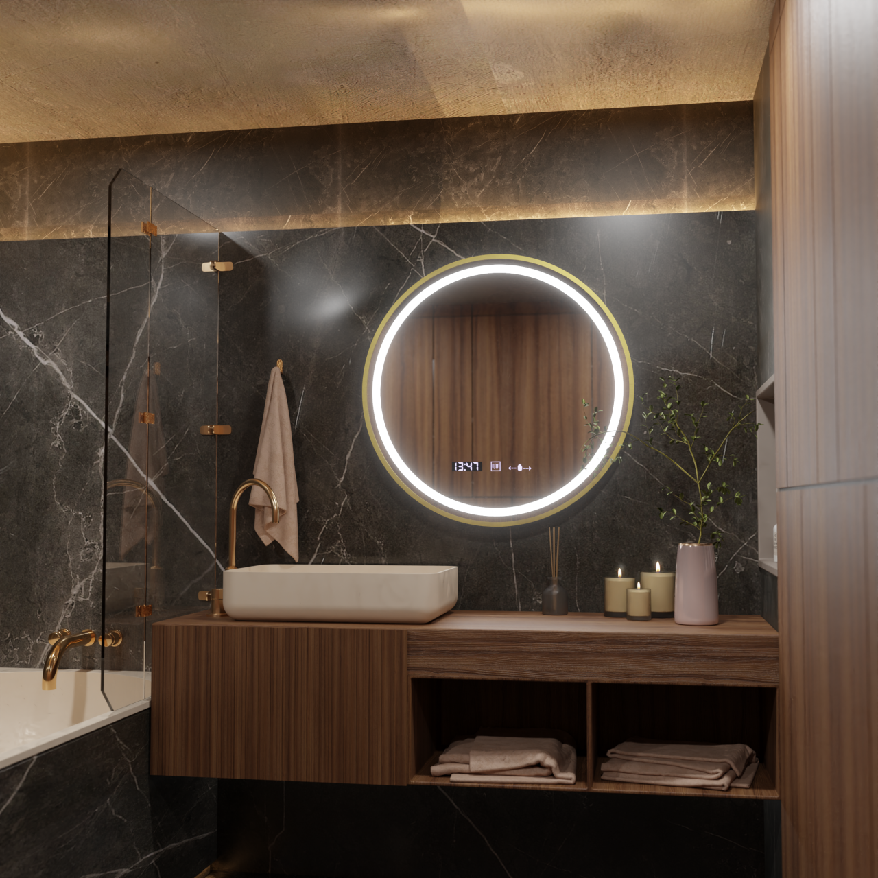 Oglinda LED Rotunda, 60cm, Celeste Royale Gold MotionGlow Marcello, Sistem Dezaburire, Ceas & Termometru, Dimabila [1]
