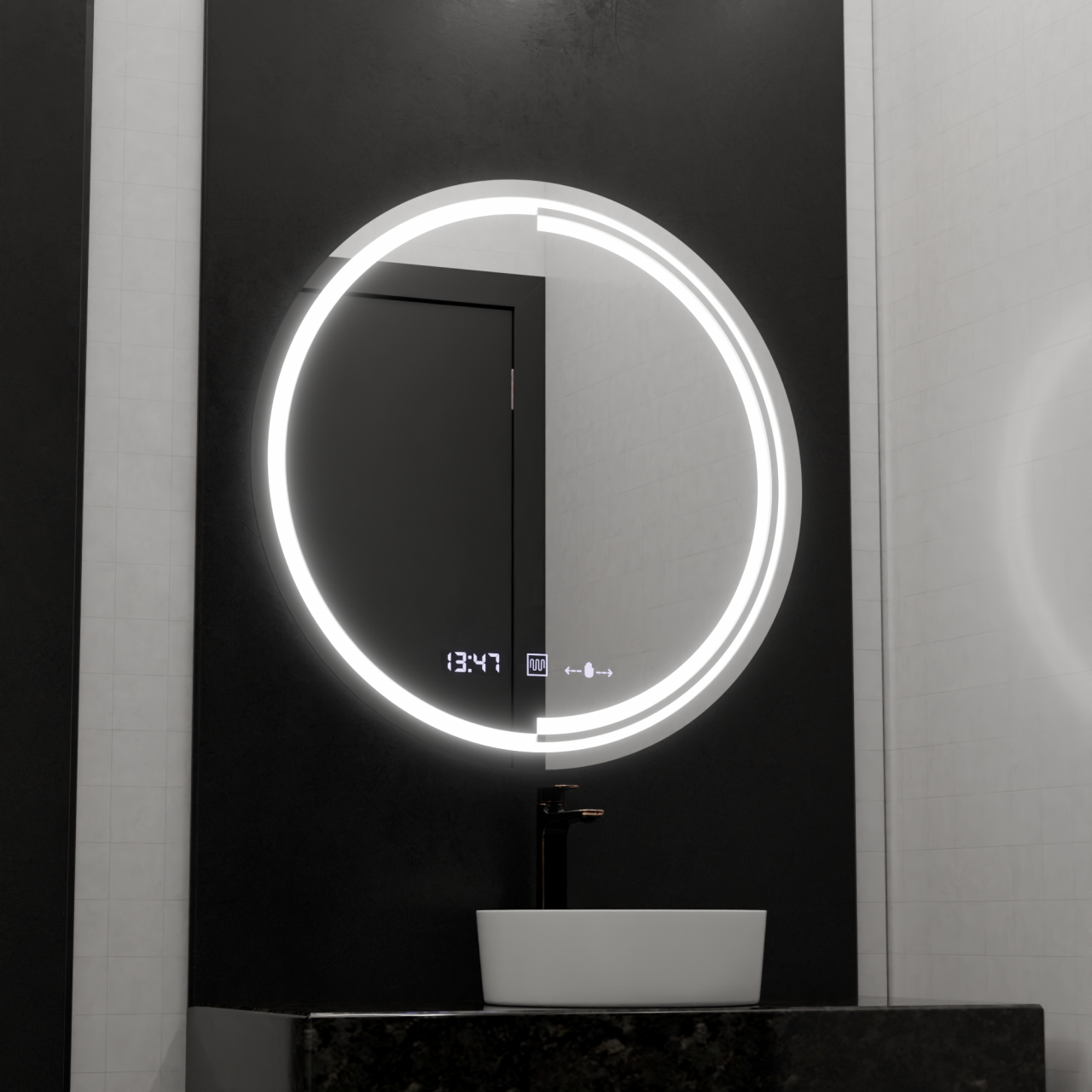 Oglinda LED Rotunda, 60cm, Senzor MotionGlow Consuel Marcello, Sistem Dezaburire, Ceas & Termometru, Dimabila [1]