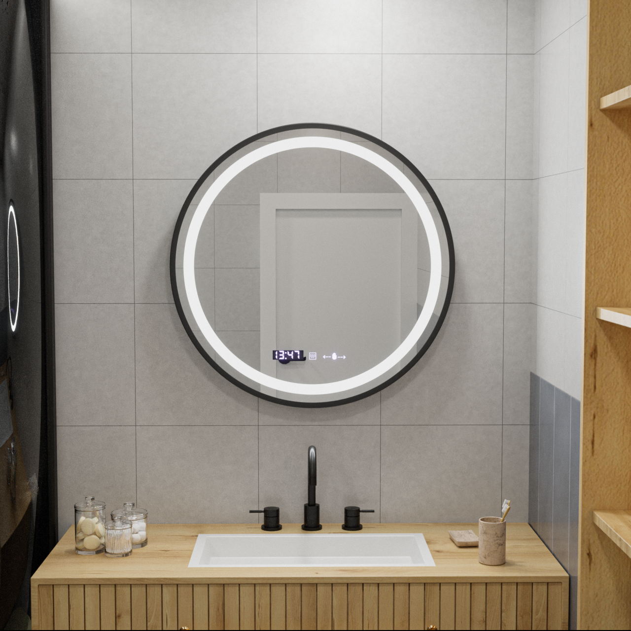 Oglinda LED Rotunda, 70cm, Celeste Majeste Noir MotionGlow Marcello, Sistem Dezaburire, Ceas & Termometru, Dimabila [1]