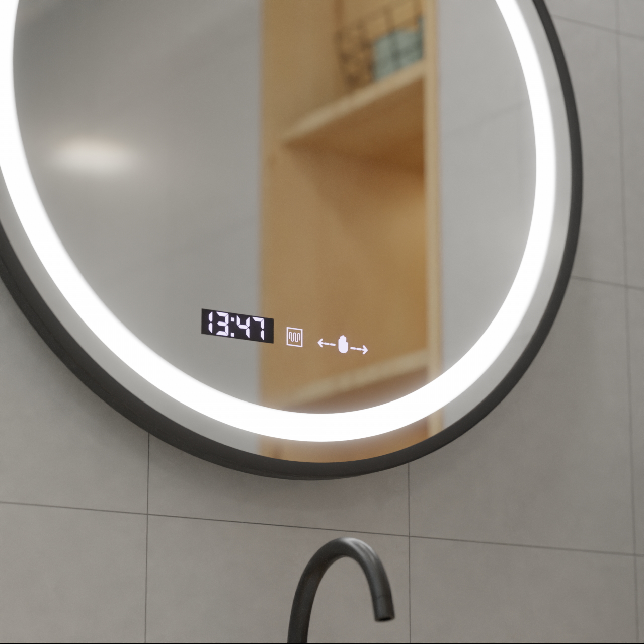 Oglinda LED Rotunda, 70cm, Celeste Majeste Noir MotionGlow Marcello, Sistem Dezaburire, Ceas & Termometru, Dimabila [4]