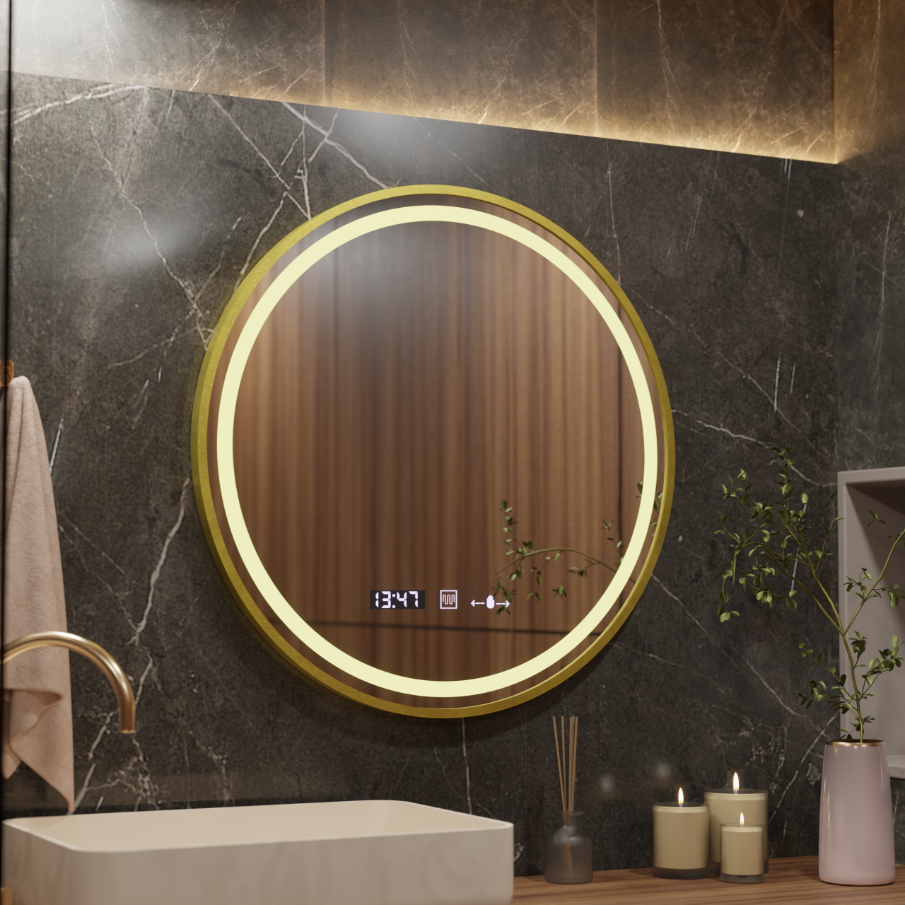 Oglinda LED Rotunda, 70cm, Celeste Royale Gold MotionGlow Marcello, Sistem Dezaburire, Ceas & Termometru, Dimabila [1]