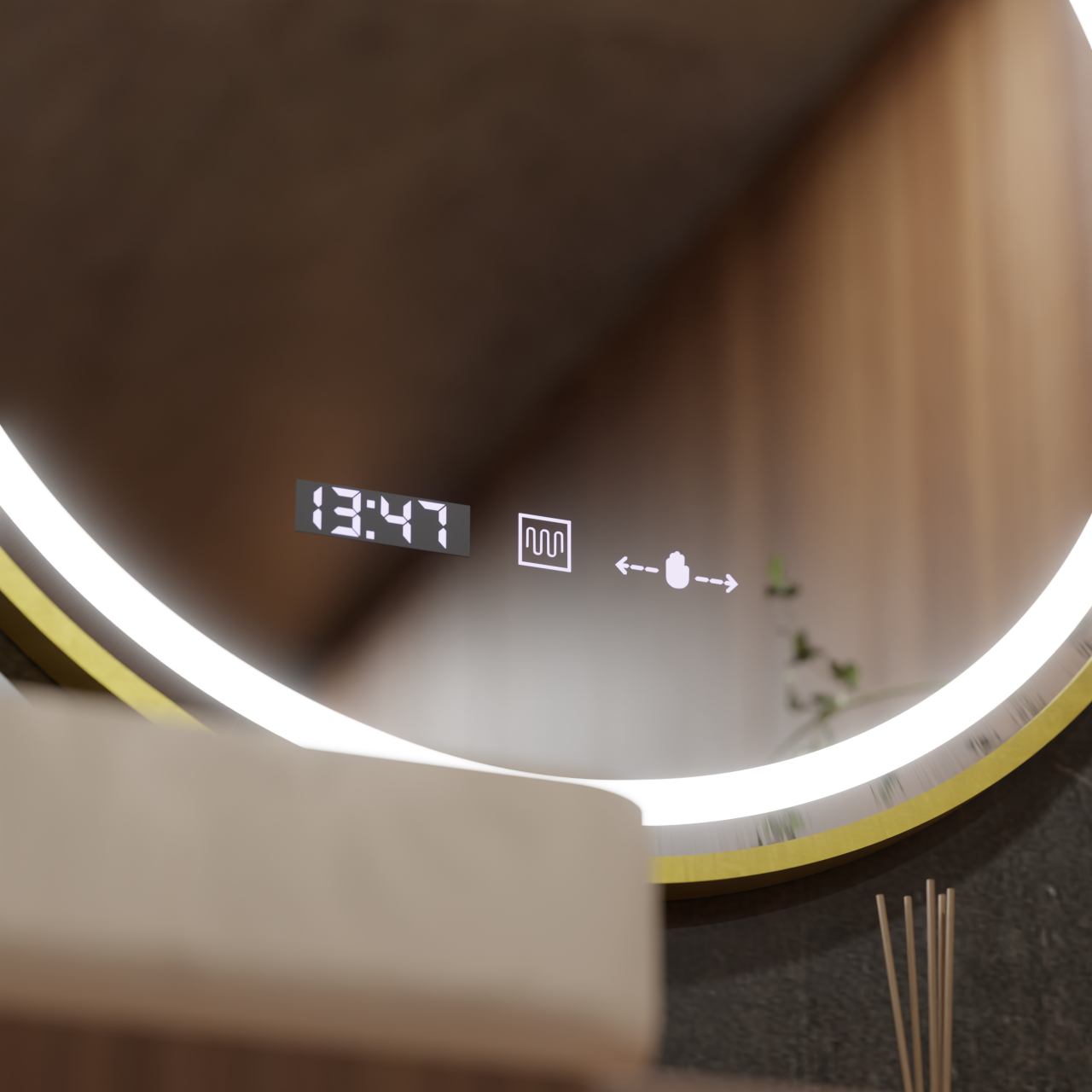Oglinda LED Rotunda, 70cm, Celeste Royale Gold MotionGlow Marcello, Sistem Dezaburire, Ceas & Termometru, Dimabila [2]