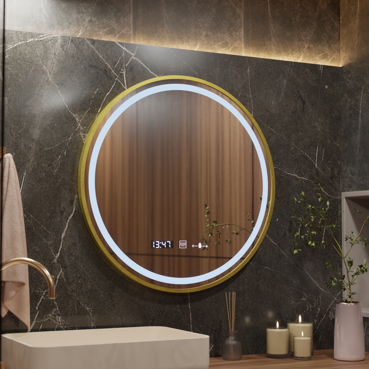 Oglinda LED Rotunda, 70cm, Celeste Royale Gold MotionGlow Marcello, Sistem Dezaburire, Ceas & Termometru, Dimabila [3]
