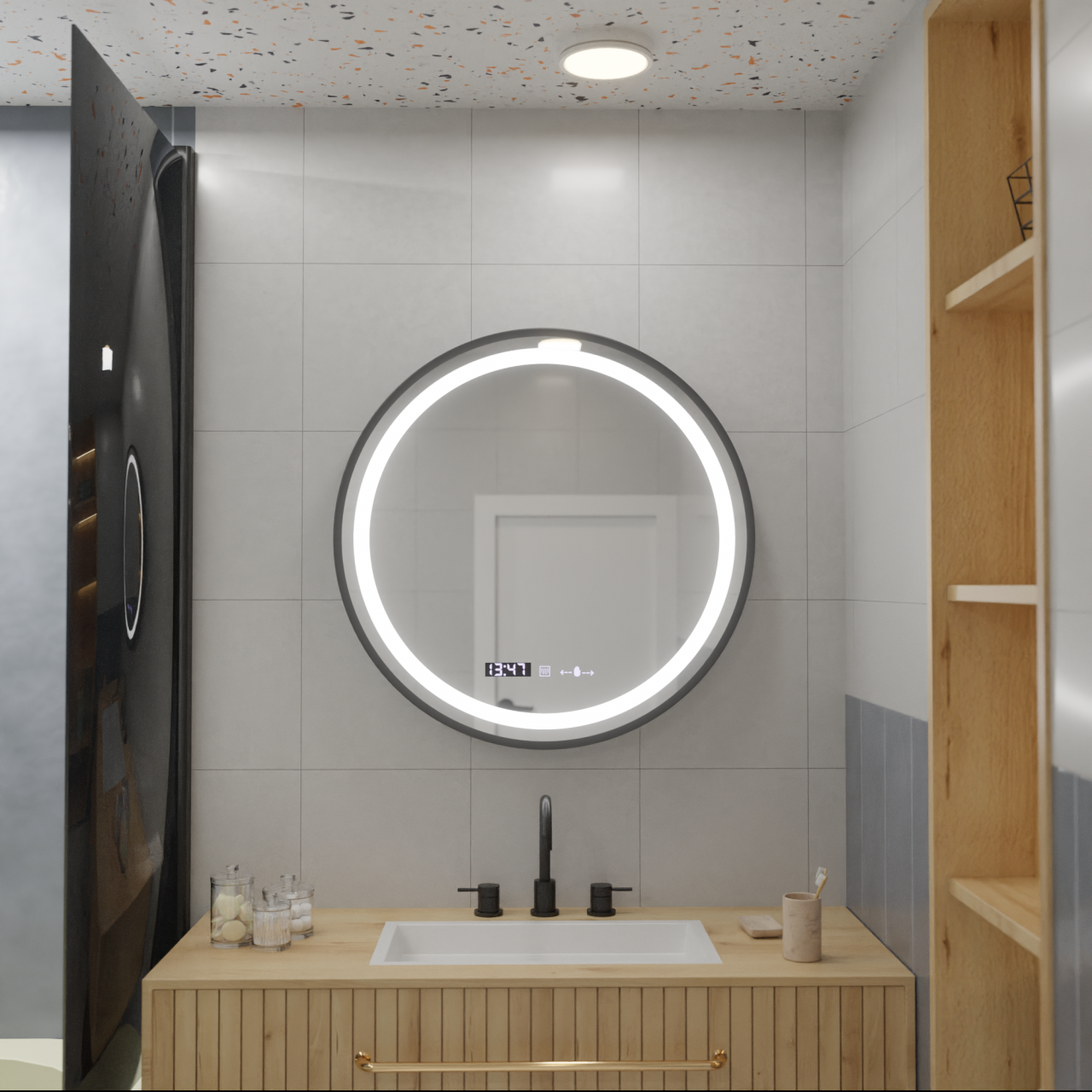 Oglinda LED Rotunda, 80cm, Celeste Majeste Noir MotionGlow Marcello, Sistem Dezaburire, Ceas & Termometru, Dimabila [1]