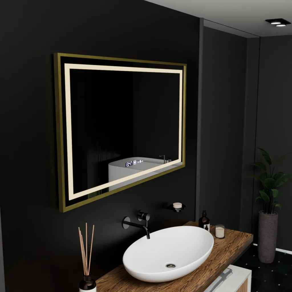 Oglinda LED Senzor Levianth, MontioGlow, sistem Dezaburire, Termometru si Ceas, Rama Auriu Periat, 100x80 cm Lumina Rece/Calda/Neutra Dimabila Colectia Marcello Funghi [4]
