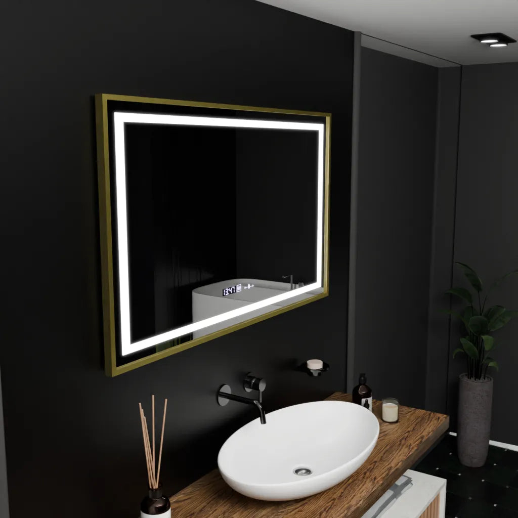 Oglinda LED Senzor Levianth, MontioGlow, sistem Dezaburire, Termometru si Ceas, Rama Auriu Periat, 100x80 cm Lumina Rece/Calda/Neutra Dimabila Colectia Marcello Funghi [3]