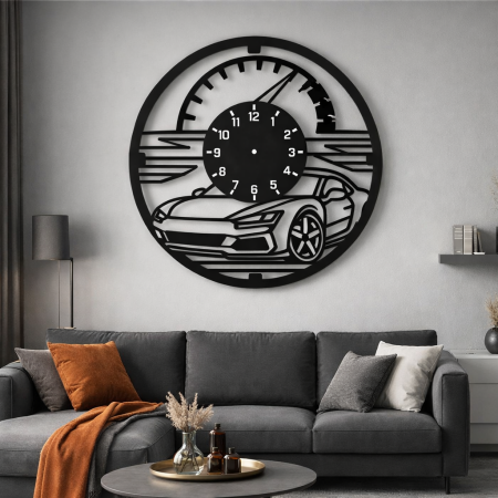 Ceasuri deco si personalizate - Ceas de Perete Supercar 32 cm din Lemn Negru cu Mecanism Quartz – Decor Auto Premium