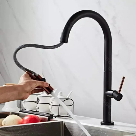 Baterie bucatarie monocomanda, pipa extractibila, alama sanitara, negru mat rose gold [1]