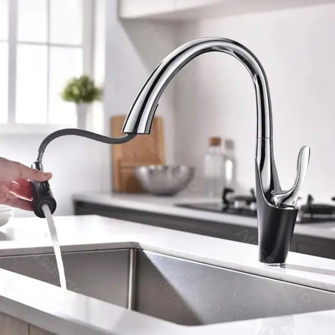 Baterii de Bucatarie - Baterie Bucatarie cu Dus Extractibil, Alama Sanitara, Crom, W058