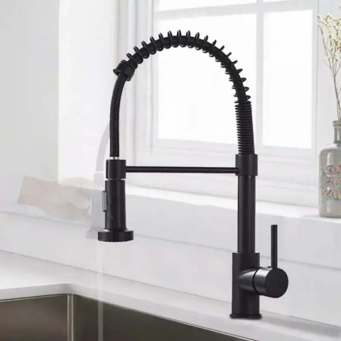 Baterii de Bucatarie - Baterie Bucatarie cu Dus Extractibil, Inox si Alama Negru, YD/102