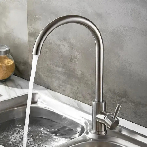 Obiecte Sanitare - Baterie bucătărie monocomandă din inox satinat, pipă pivotantă, cartuș ceramic, kit montaj inclus