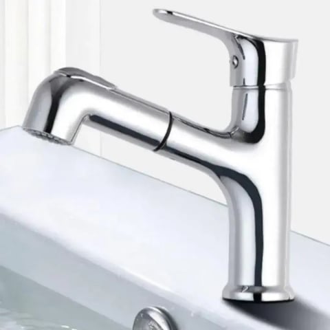 Baterii de Baie - Baterie monocomanda cu dus extractibil, alama sanitara, finisaj crom lucios, design modern pentru baie
