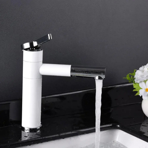 Baterii de Baie - Baterie Lavoar cu Duș Extractabil Alb Lucios – Alamă Sanitară, Design Modern - Korman