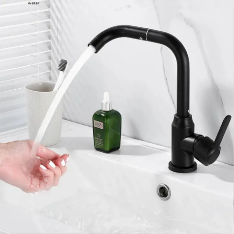 Baterii de Baie - Baterie Monocomanda Lavoar/Bucatarie Pipa Pivotanta Aliaj Negru Cartus Ceramic Inox Satinat Racorduri Kit Fixare Incluse CP108