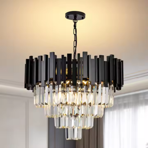 Candelabre Moderne - Candelabru Cristal BLOIS Nobile 4xE14, Diametru 40cm, Negru, Inaltime Reglabila