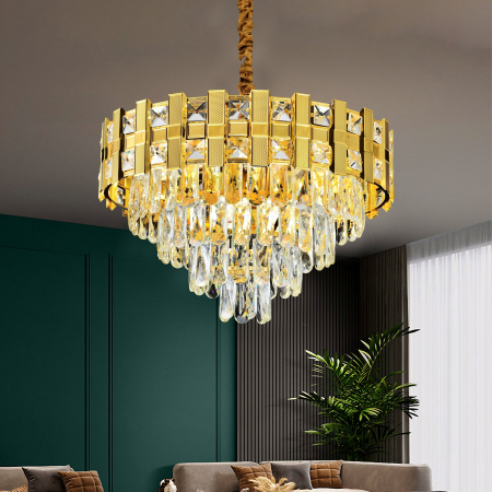 Corpuri de Iluminat - Candelabru Cristal BRAN Eleganza 8xE14, Diametru 49cm, Auriu Lucios, Inaltime Reglabila