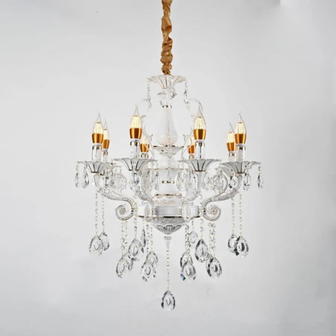 Candelabre Clasice - Candelabru Cristal Bruhier 8x E14, Diametru 65cm, Alb cu Auriu, Inaltime Reglabila